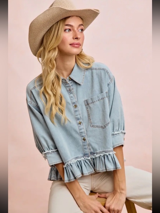 BiBi Tops - 537. Washed Denim ruffled hem button down top
